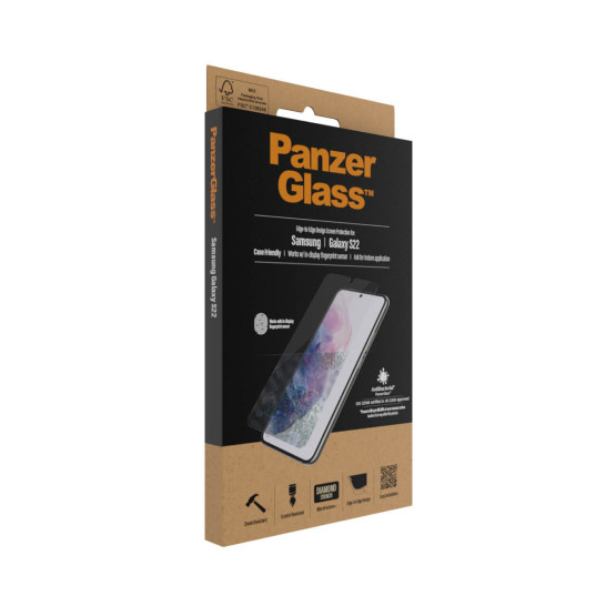 Стъклен протектор PanzerGlass за Samsung Galaxy S22 FingerPrint, CaseFriendly, AntiBacterial - Черен, 119825