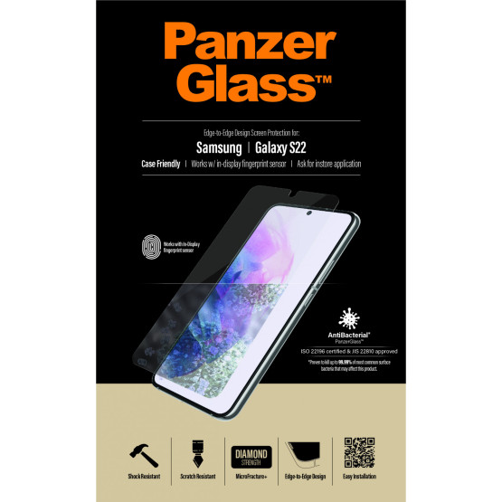 Стъклен протектор PanzerGlass за Samsung Galaxy S22 FingerPrint, CaseFriendly, AntiBacterial - Черен, 119825