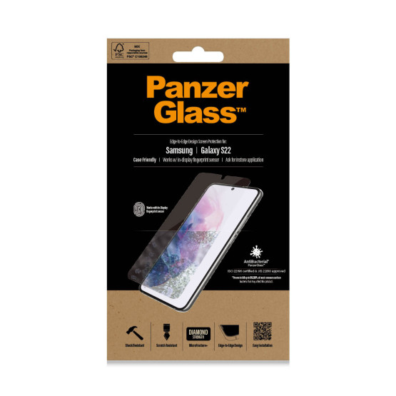 Стъклен протектор PanzerGlass за Samsung Galaxy S22 FingerPrint, CaseFriendly, AntiBacterial - Черен, 119825