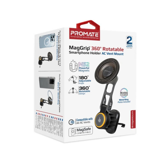Стойка за кола ProMate BRIDGEMOUNT 360° Rotatable Cradleless Magnetic Car Phone Mount, For AC Vents, Metal ring Plate included.