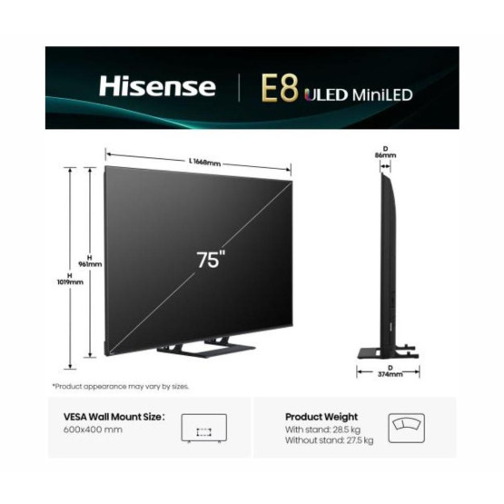 Телевизор Hisense 75E8Q , 189 см, 3840x2160 UHD-4K , 75 inch, Mini LED , Smart TV , VIDAA