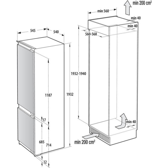 Вграден хладилник с фризер Gorenje NRKI519E82WF , 284 l, E , No Frost , Да