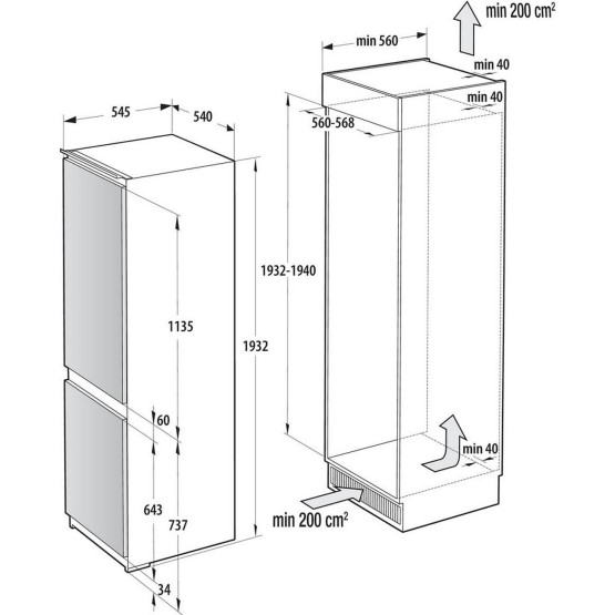 Вграден хладилник с фризер Gorenje NRKI519E41 , 284 l, E , No Frost , Да