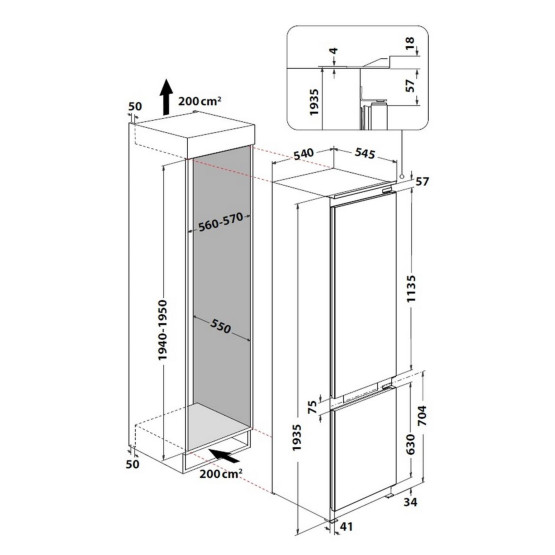 Вграден хладилник с фризер Whirlpool WHC20 T352 , 280 l, E , No Frost - Whirlpool
