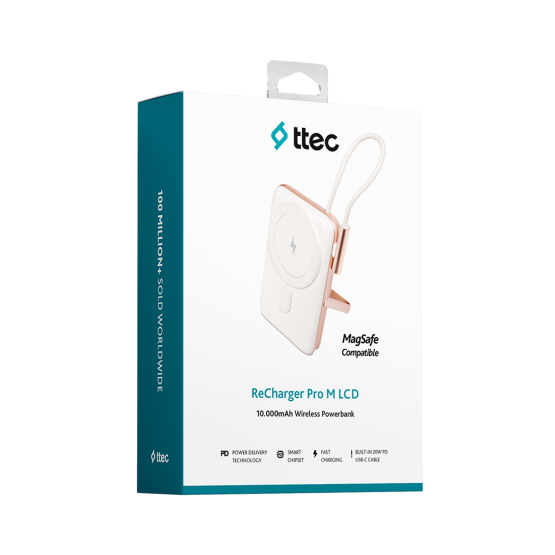 Външна батерия ttec ReCharger Pro M 10.000mAh MagSafe Comp. PD 20W Inserted USB-C Cable Powerbank - Бяла