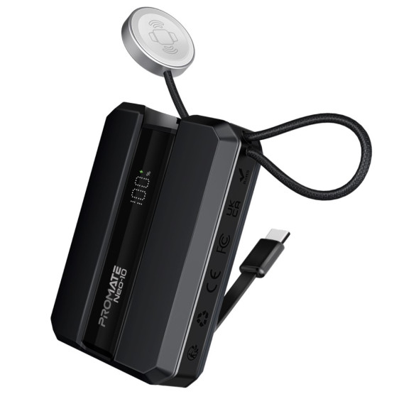 Външна батерия ProMate NEO-10.BLACK 10000mAh Power bank w/ 2.5W Apple Watch Charger, built-in USB-C Input/output Cable, 30W USB-C Input/