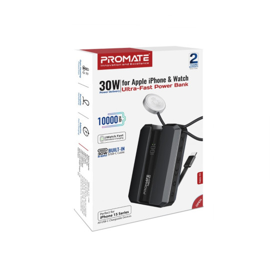 Външна батерия ProMate NEO-10.BLACK 10000mAh Power bank w/ 2.5W Apple Watch Charger, built-in USB-C Input/output Cable, 30W USB-C Input/