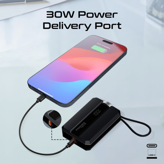 Външна батерия ProMate NEO-10.BLACK 10000mAh Power bank w/ 2.5W Apple Watch Charger, built-in USB-C Input/output Cable, 30W USB-C Input/