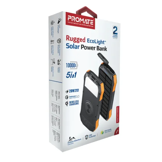 Външна батерия ProMate Solar PowerBank , Rugged, EcoLight 20W / 3.0 QC 5 in 1 10000mAh - Черна