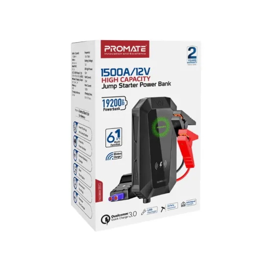 Стартерно устройство HEXABOLT-20 Jump starter 1500A/12V / Външна батерия ProMate PowerBank LED, Wireless, 6 in 1 19200mAh 3.0 QC - Черна