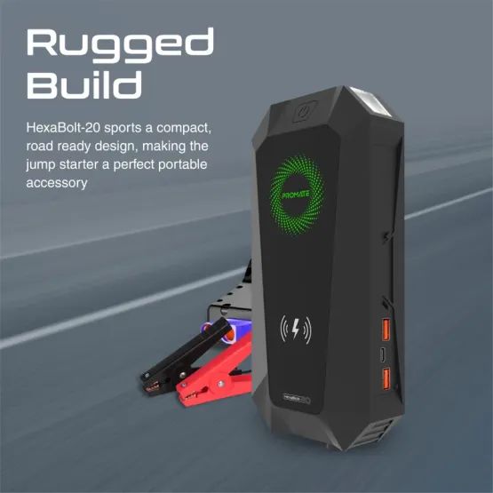 Стартерно устройство HEXABOLT-20 Jump starter 1500A/12V / Външна батерия ProMate PowerBank LED, Wireless, 6 in 1 19200mAh 3.0 QC - Черна
