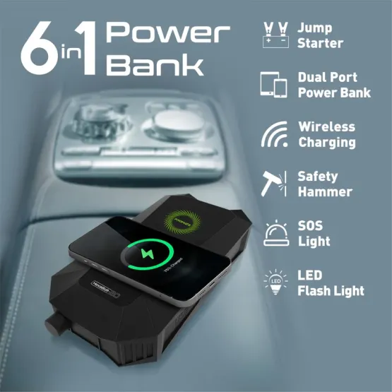 Стартерно устройство HEXABOLT-20 Jump starter 1500A/12V / Външна батерия ProMate PowerBank LED, Wireless, 6 in 1 19200mAh 3.0 QC - Черна