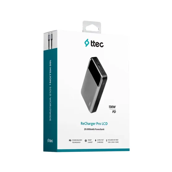 Външна батерия ttec ReCharger Pro LCD 20.000mAh PD 130W Powerbank S - Сива