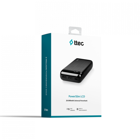 Външна батерия PowerSlim LCD 20.000 mAh Powerbank With USB-C Input/Output - Черна