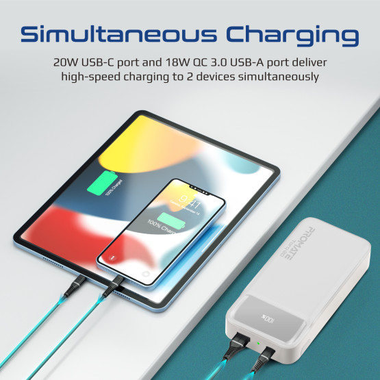 Външна батерия ProMate TORQ-20 PowerBank SuperSlim 20W / 3.0 QC, LCD, 20000mAh - Бяла