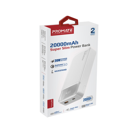 Външна батерия ProMate TORQ-20 PowerBank SuperSlim 20W / 3.0 QC, LCD, 20000mAh - Бяла