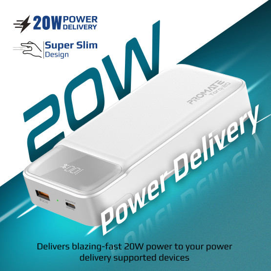 Външна батерия ProMate TORQ-20 PowerBank SuperSlim 20W / 3.0 QC, LCD, 20000mAh - Бяла