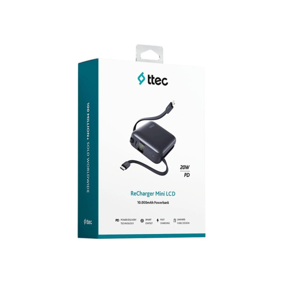 Външна батерия ttec ReCharger Mini LCD 10.000mAh PD 20W Powerbank с кабел USB-C и Lightning Cable - Сива
