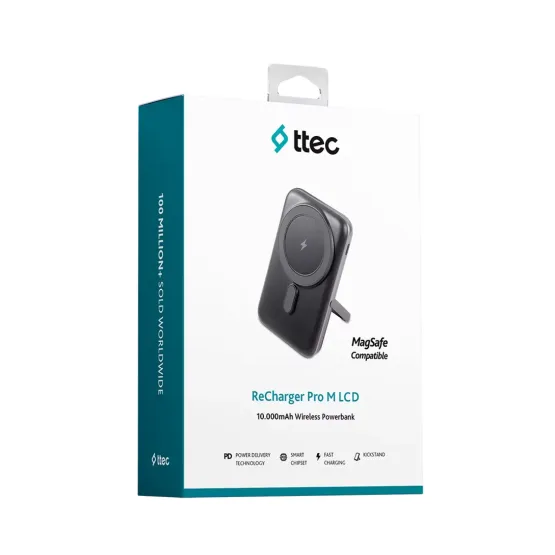 Външна батерия ttec ReCharger Pro M 10.000mAh LCD MagSafe Comp. PD 20W Wireless Powerbank w Stand - Черна