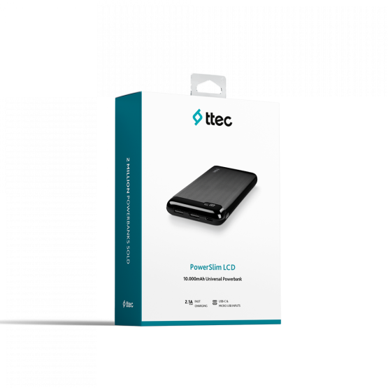 Външна батерия PowerSlim LCD 10.000 mAh Powerbank With USB-C Input/Output - Черна