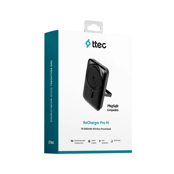 Външна батерия ttec ReCharger Pro M 10.000mAh MagSafe Comp. PD 20W Wireless Powerbank w Stand - Черна