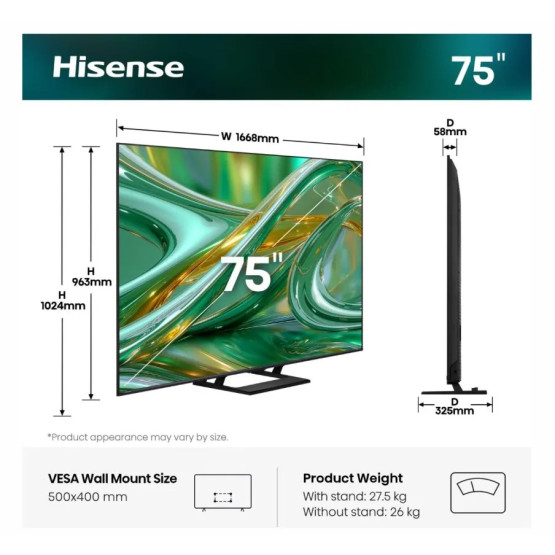 Телевизор Hisense 75E8S , 189 см, 3840x2160 UHD-4K , 75 inch, Mini LED , Smart TV , VIDAA